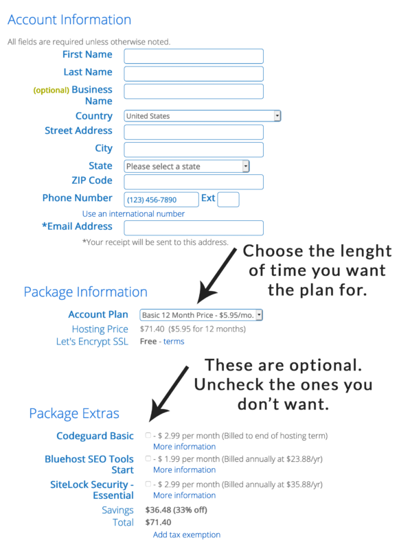 Bluehost Account Information