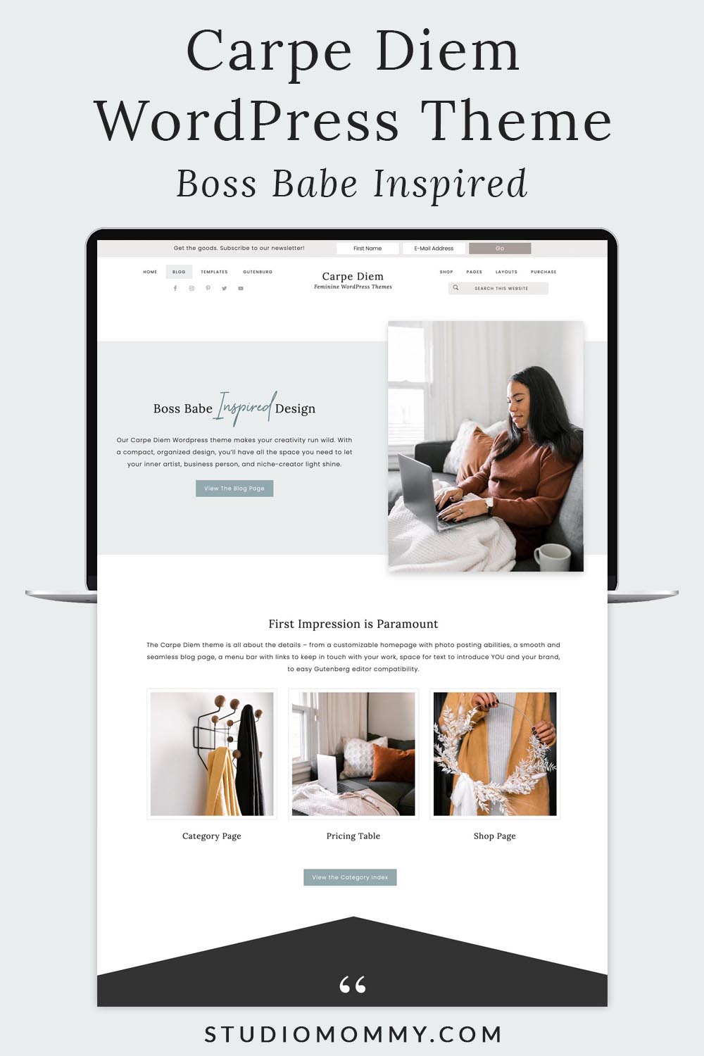 Our Carpe Diem Wordpress theme is a neat, boss-babe-inspired WordPress theme that makes your creativity run wild. With a compact, organized design, you’ll have all the space you need to let your inner artist, business person, and niche-creator light shine.