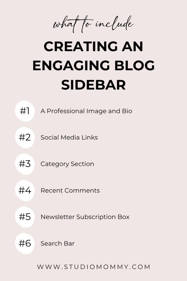 When it comes to creating an engaging blog sidebar that captivates and retains visitors, your sidebar is a vital part of your blog’s design.  While the main content undoubtedly takes center stage, neglecting the sidebar can mean missing out on valuable opportunities to engage your readers.  In this post, I will discuss the definition of a sidebar and offer helpful tips for creating an engaging blog sidebar for your blog. @studiomommy