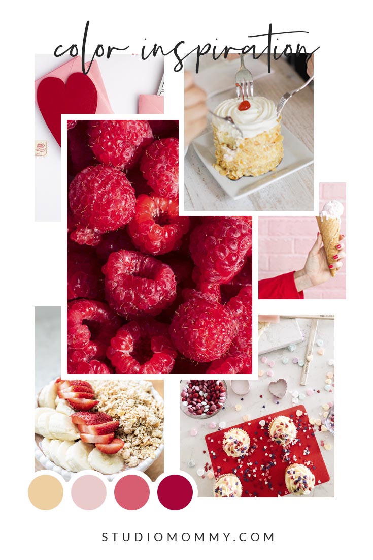 Mood board tool for your branding inspiration. Color palette includes red, pink, bright pink, and gold yellow. @studiomommy