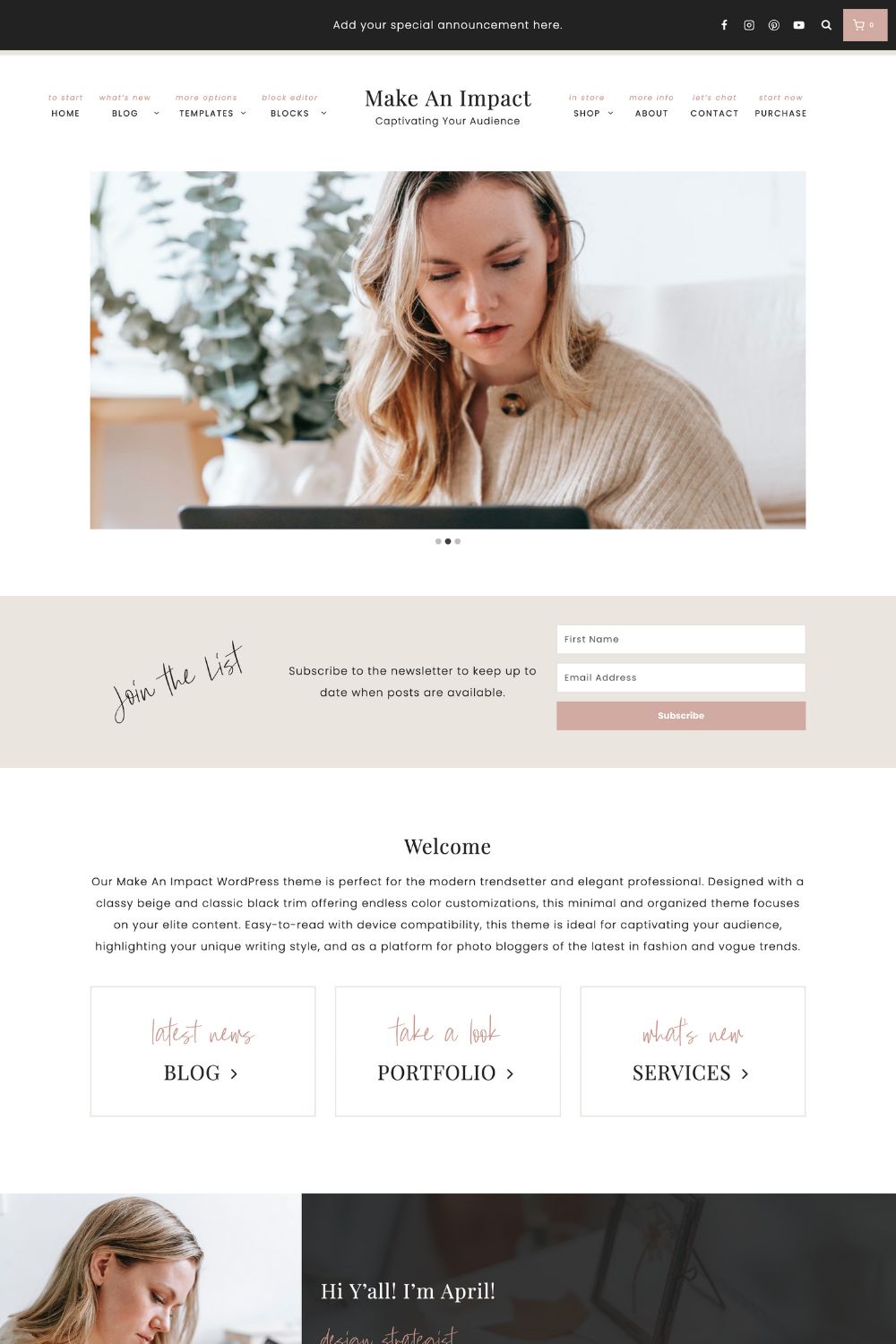 Our Make An Impact WordPress theme is perfect for the modern trendsetter and elegant professional. Designed with a classy black trim and classic beige accent offering endless color customizations. This minimal and organized theme focuses on your elite content. Easy-to-read with device compatibility, the Make An Impact theme is ideal for captivating your audience, highlighting your unique writing style, and as a platform for photo bloggers of the latest in fashion and vogue trends. studiomommy.com