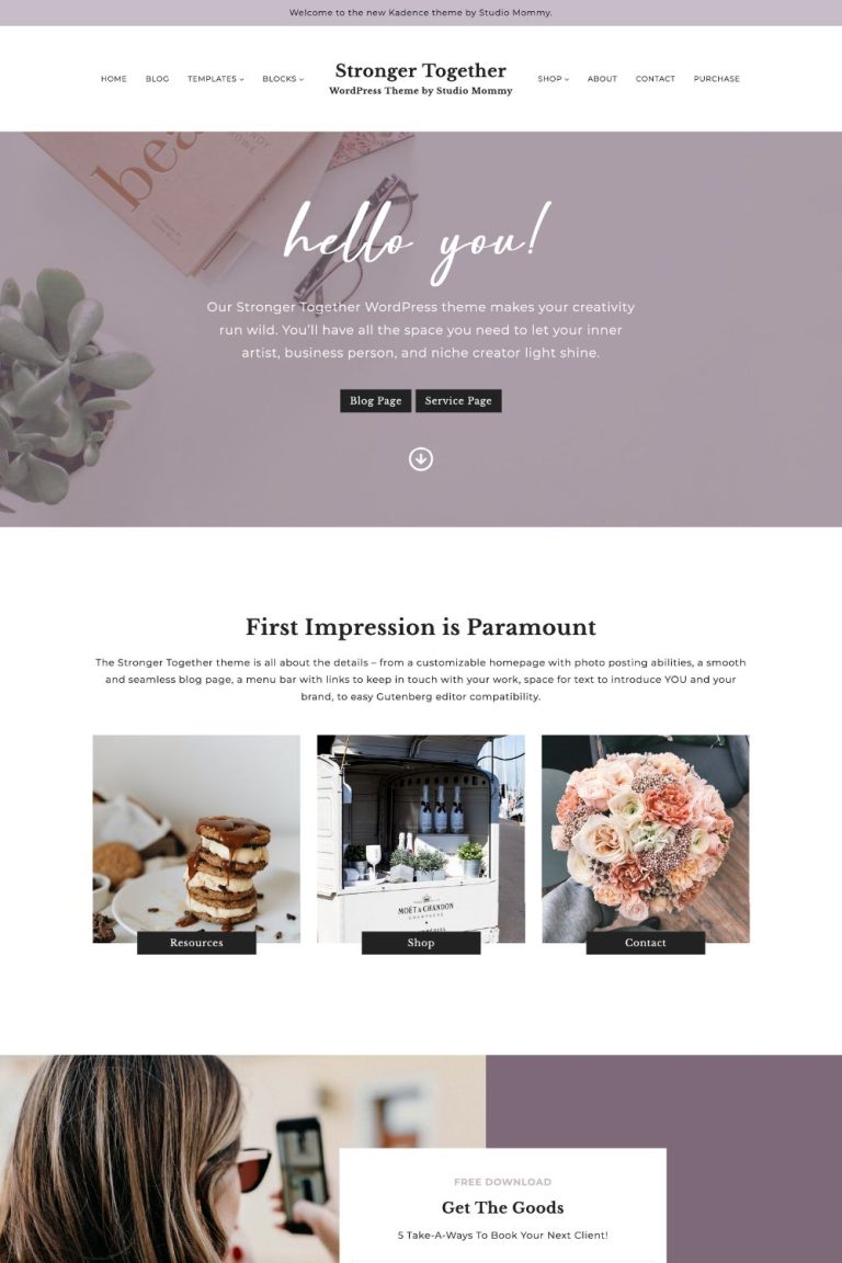 Our Stronger Together Kadence WordPress theme is a neat, boss-babe-inspired website template that makes your creativity run wild. With a compact, organized design, you’ll have all the space you need to let your inner artist, business person, and niche-creator light shine. The Stronger Together theme is all about the details – from a customizable homepage with photo posting abilities, a smooth and seamless blog page, a menu bar with links to keep in touch with your work, space for text to introduce YOU and your brand, to easy Gutenberg block editor compatibility. @studiomommy