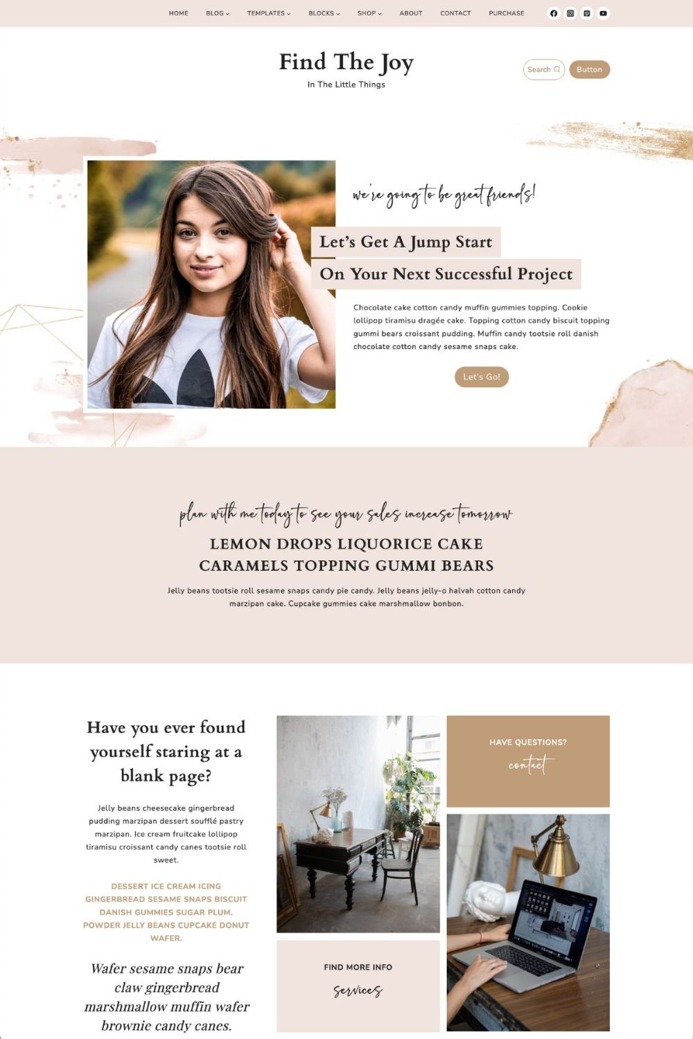 Our Find The Joy WordPress Theme celebrates all the beautiful and lovely things in life, perfect for creative coaches, modern women entrepreneurs, and SHE-EOs. With a diverse website design, the Find The Joy WordPress theme will motivate your audience to slay a productive day, or tuck in with a cup of delicious coffee to check out your latest blog post. @studiomommy